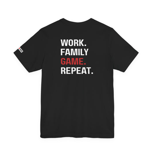 Gamer Dad Tee in Black- Work. Family. Game. Repeat.