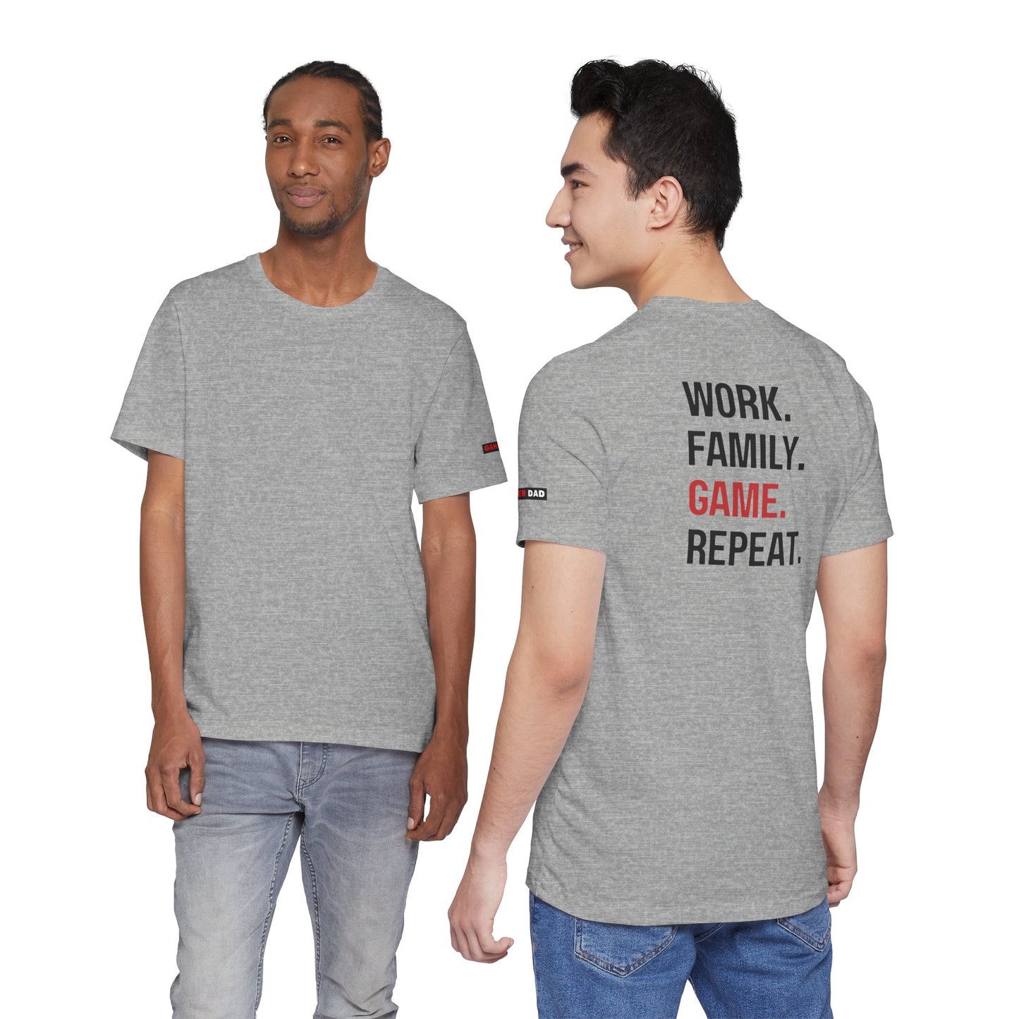 Gamer Dad Tee- Work. Family. Game. Repeat.