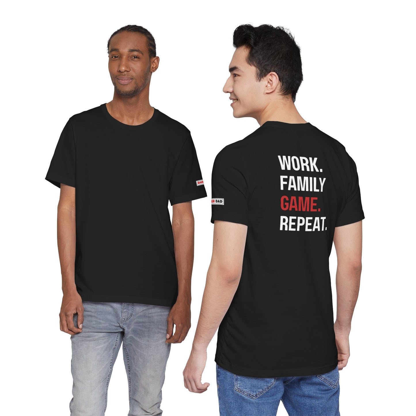 Gamer Dad Tee in Black- Work. Family. Game. Repeat.