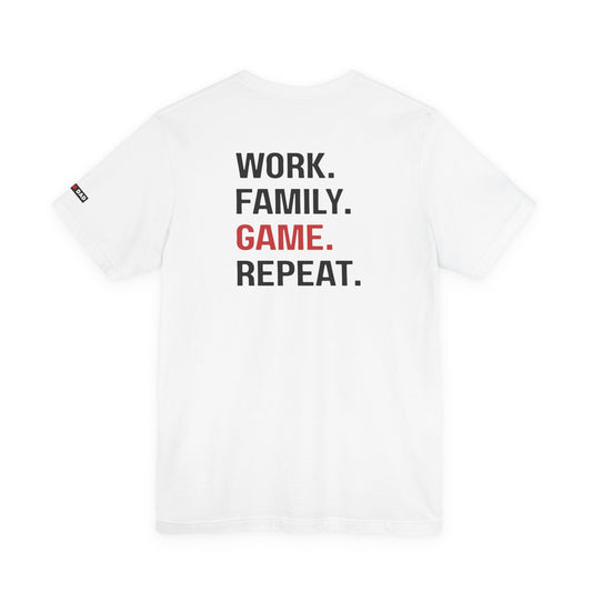 Gamer Dad Tee- Work. Family. Game. Repeat.