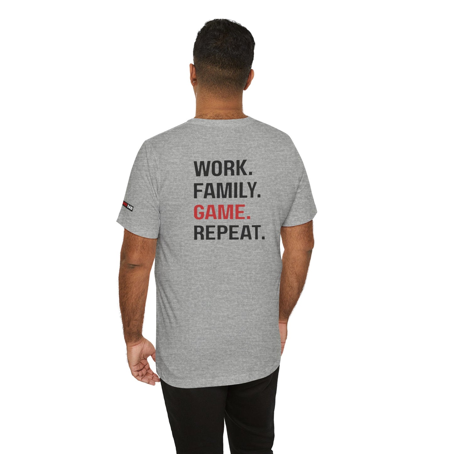 Gamer Dad Tee- Work. Family. Game. Repeat.