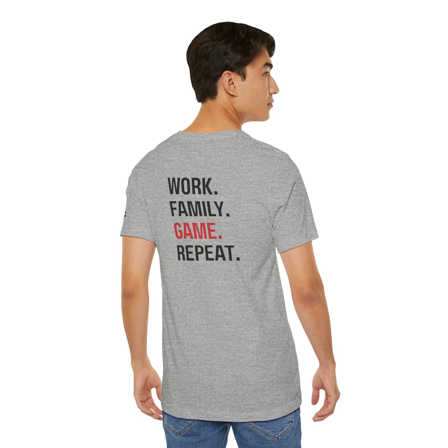Gamer Dad Tee- Work. Family. Game. Repeat.