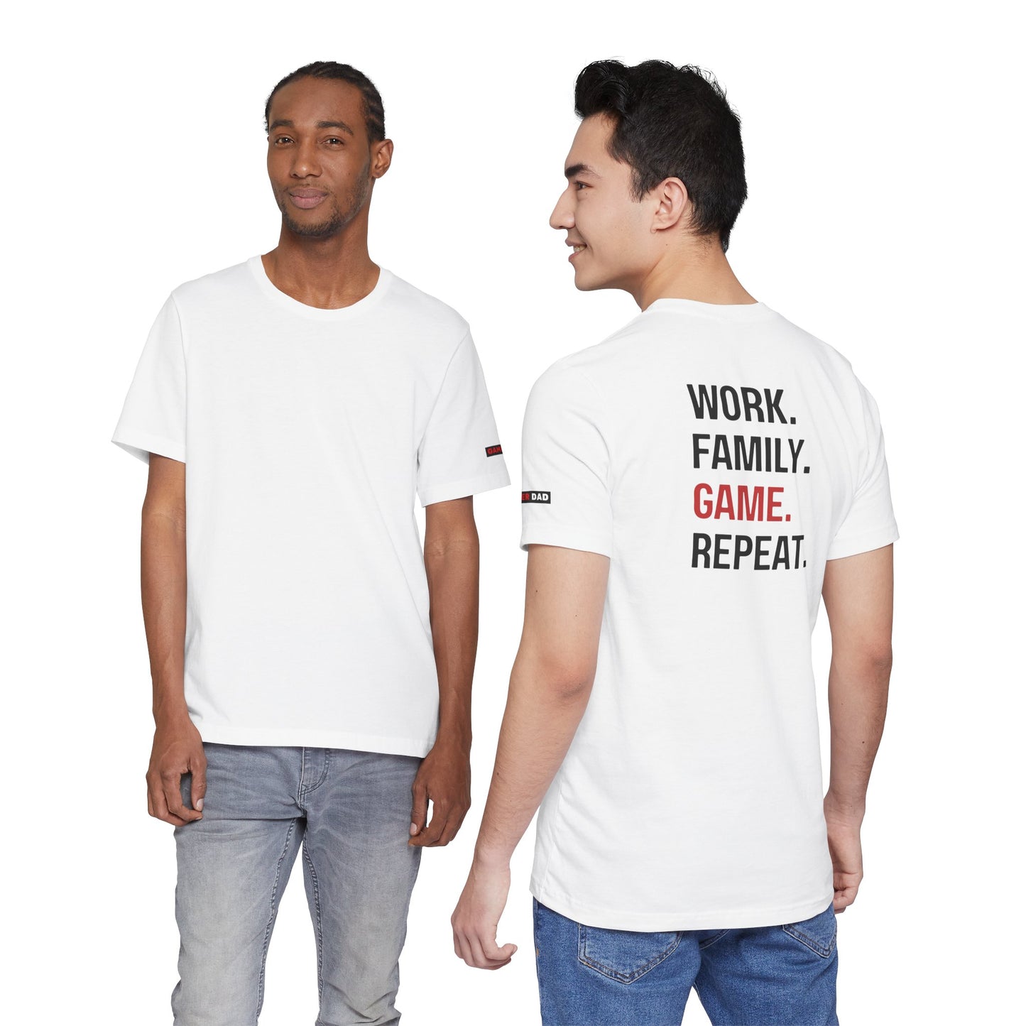 Gamer Dad Tee- Work. Family. Game. Repeat.