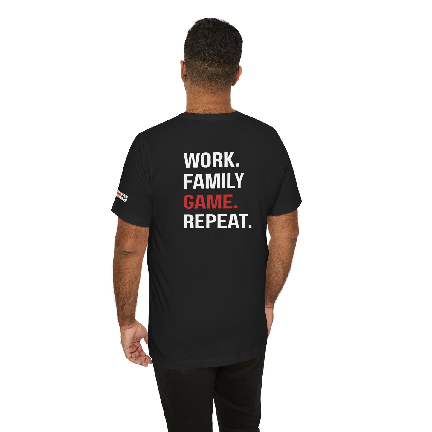 Gamer Dad Tee in Black- Work. Family. Game. Repeat.