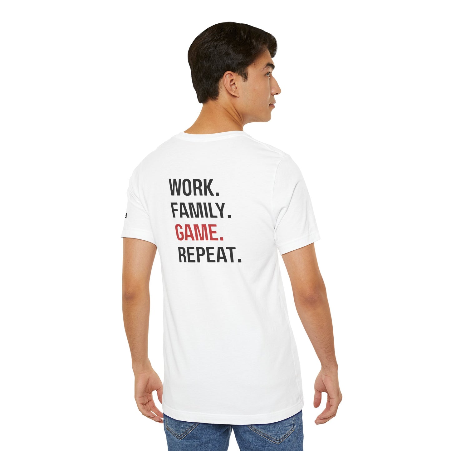 Gamer Dad Tee- Work. Family. Game. Repeat.