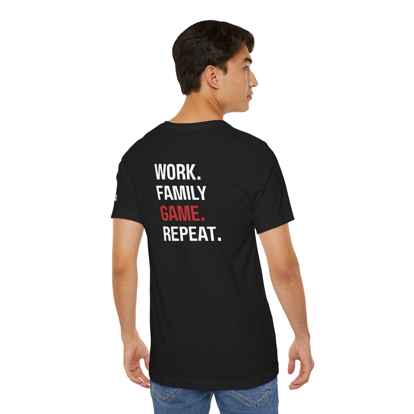 Gamer Dad Tee in Black- Work. Family. Game. Repeat.